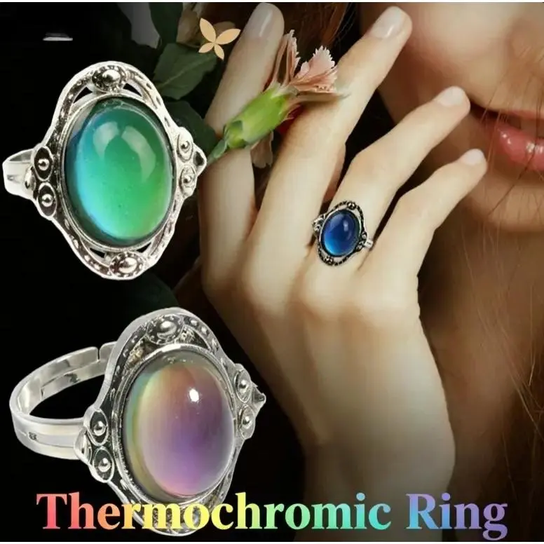 Vintage Thermochromic Mood Ring, Large Oval Color-Changing Stone Ring with Silver-Tone Floral Detailing, Adjustable Retro Statement Ring, Unique Everyday Jewelry Gift