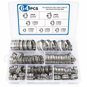 64Pcs Hose Clamp Assortment Kit, 6-38mm Stainless Steel Adjustable Pipe Clips for Fuel Water Hose