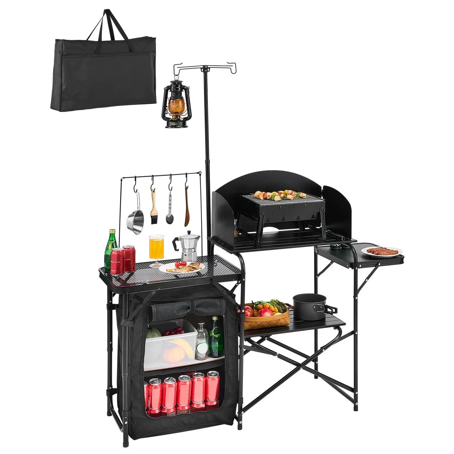 Camping Kitchen Table Portable Outdoor Cook Station With Aluminum Windshield, Storage Shelf, And Foldable Design For Camping, Hiking, BBQ, And RV Trips; Weather Resistant, Lightweight, Durable, Easy Setup, Spacious Prep Surface