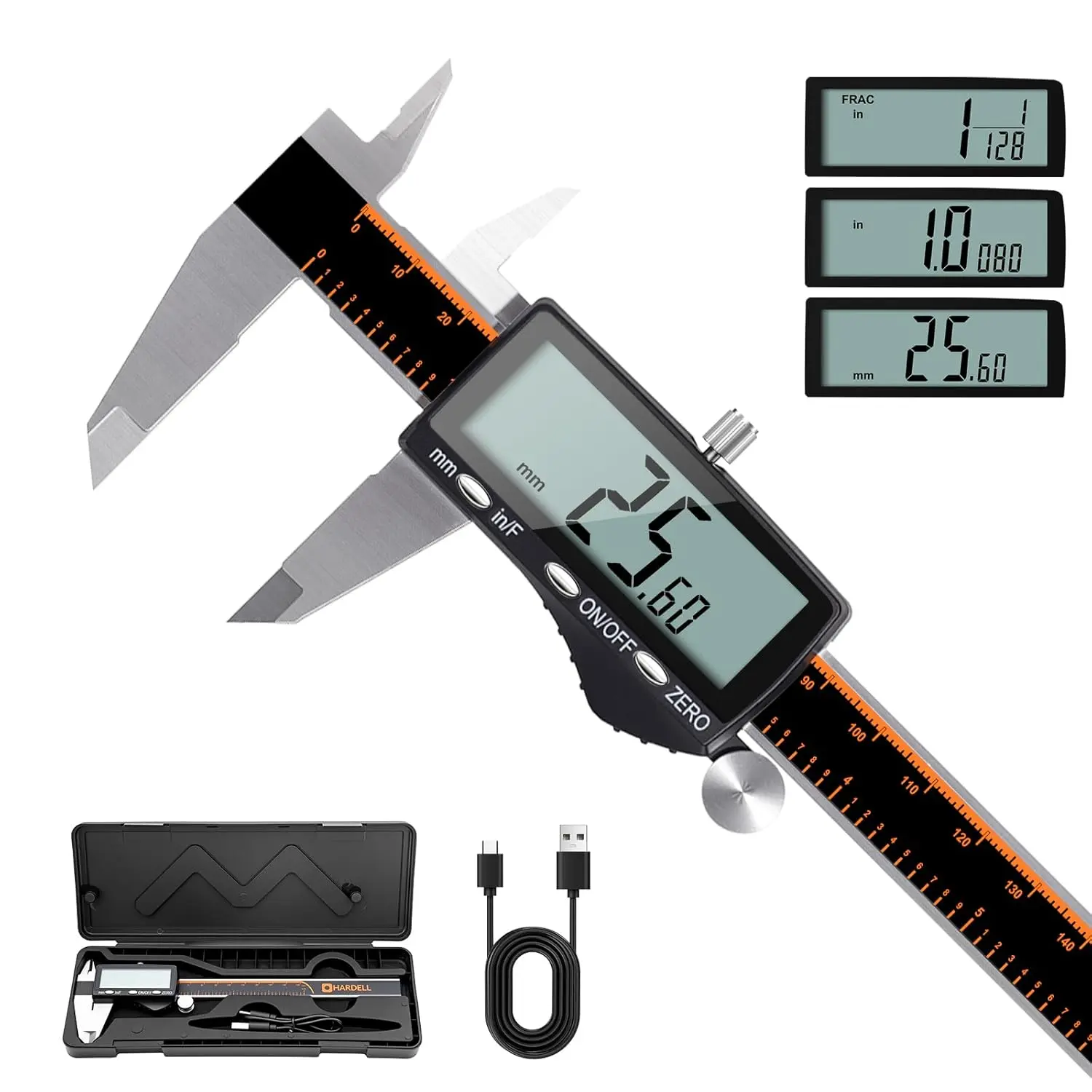 Digital Caliper, Rechargeable Calipers with Large LCD Screen, Stainless Steel Caliper Measuring Tool, AutoOff Micrometer, Inch/MM/Fraction for DIY/Household/3Dprinting