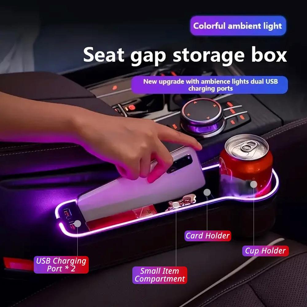 Car Seat-Gap Filler Organizer with 2 USB Fast Charger, Car Console Side Organizer with Colorful RGB Ambient Lamp, Car Interior Accessories, Car Organization Supplies