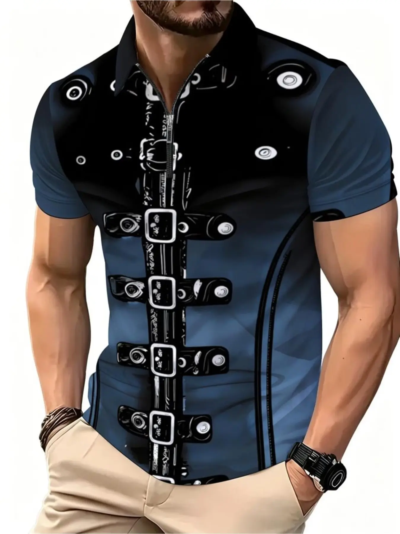 Men's Half Zip Lapel Short Sleeve Polo Shirt Sublimation Polyester Top Faux Biker Leather Buckle Strap Punk Visual Graphic Print Casual Retro Rock Street Daily Holiday Wear Tee For Male