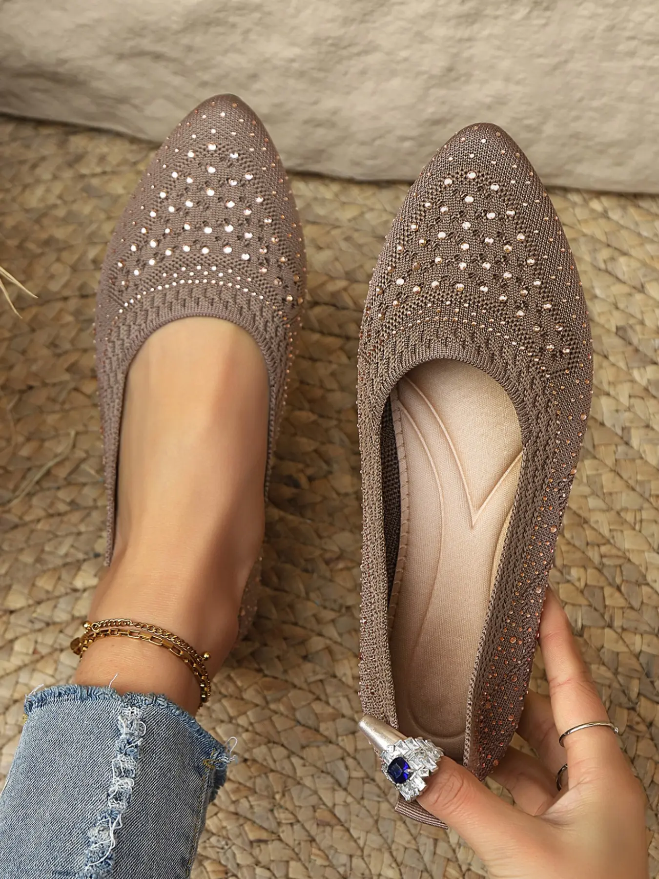 Women's Pointed Toe Knit Flat Shoes, Sparkly Rhinestone Decor, Breathable Soft Sole, Slip-On Commuter Shoes, All Seasons Elegant Style