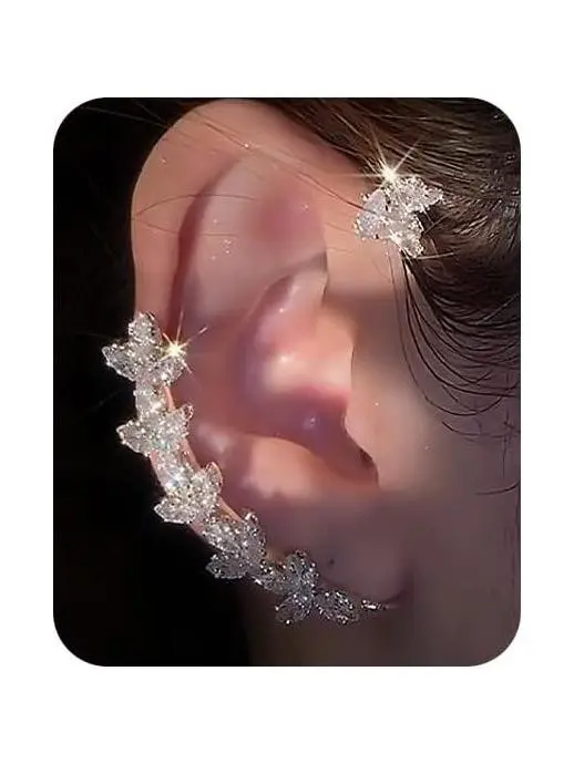 Women's 2Pcs Dainty Adjustable Rhinestone Butterfly Ear Cuffs - Non-Pierced Wrap-Around Climber Ear Clips Jewelry, Ear Cuff