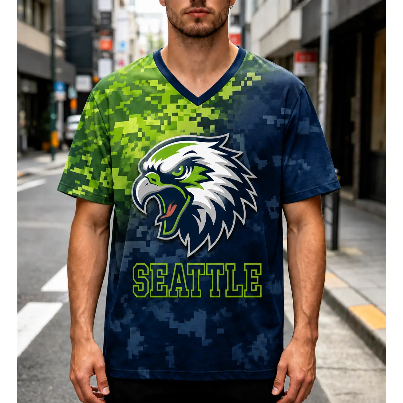 Football Game Day Digital Camo Gradient V Neck Quick-Drying Sports Jersey, Football Team Graphic Tee, Casual Sports Streetwear Daily Outfit Shirt