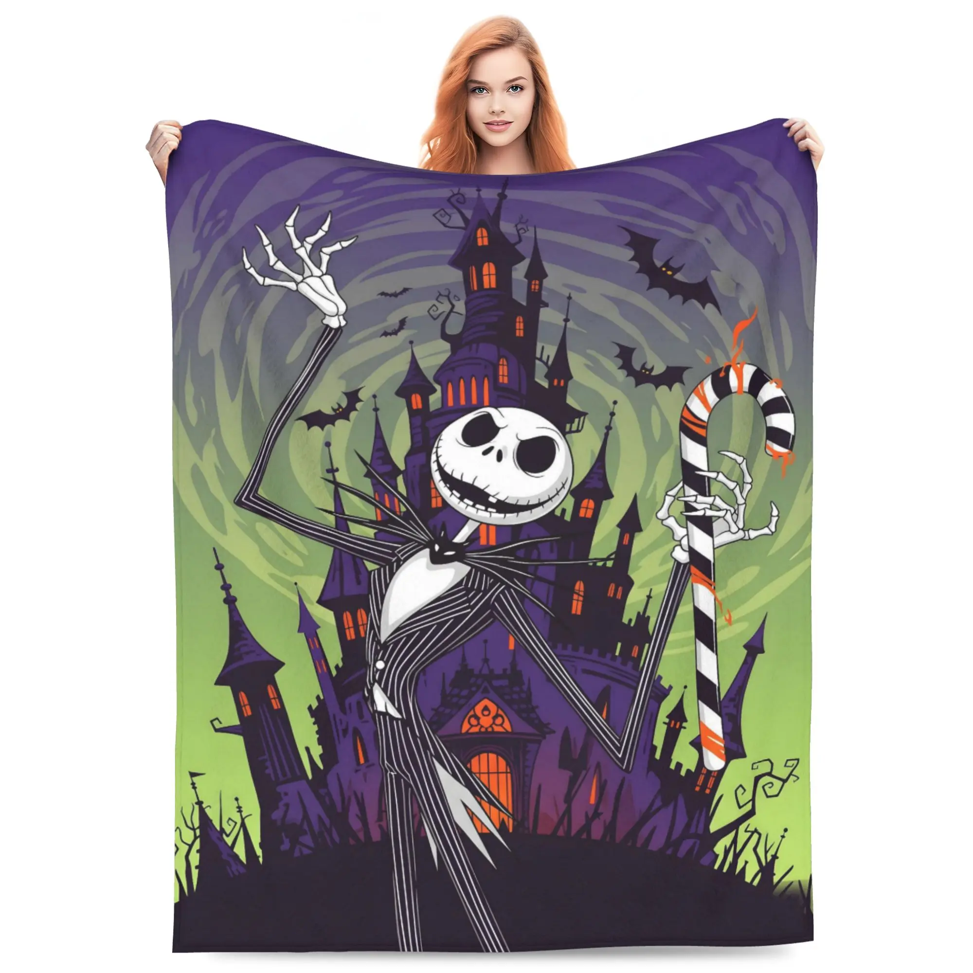DISNEY CLASSIC Jack Skellington Flannel Blanket - Jack Theme Design with Candy Cane, Haunted Castle, Bats, Purple-Green Twilight Backdrop, Cozy Throws with Flannel Softness, Ideal Home Décor Gift for Halloween Fans, Halloween Fun