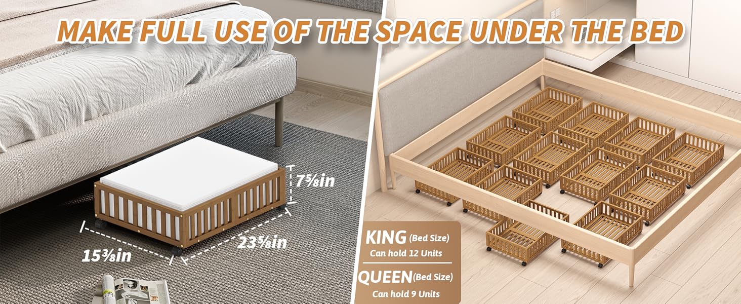 Bed Containers with Wheels, 2 Pack Bamboo the Bed Shoe Bins, Wood Rolling Underbed Drawers Organizer for Bedroom, Closet Clothes Blanket Comforter Crib Toy Walunt