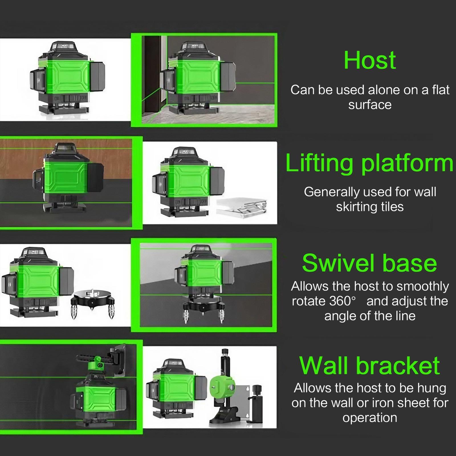 16 Lines Laser Level, 1 Set 4*360° Brightness Adjustable Laser Level with Remote Control & Charger, Professional Laser Level for Indoor & Outdoor