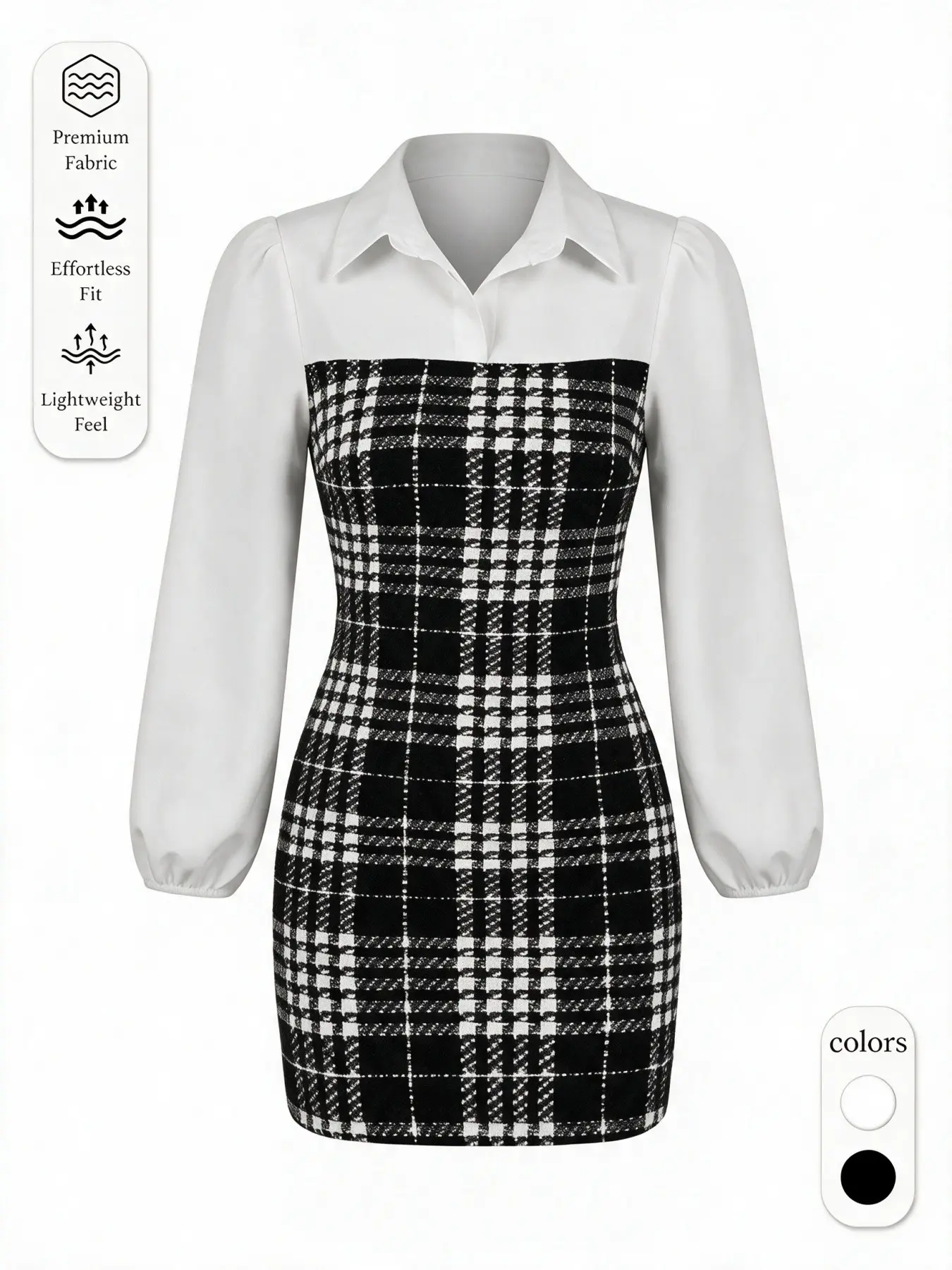 Women's Elegant Chic Houndstooth Dress with Contrast Binding, Long Lantern Sleeve Fitted Knee-Length, Perfect for Fall & Winter Daily Wear