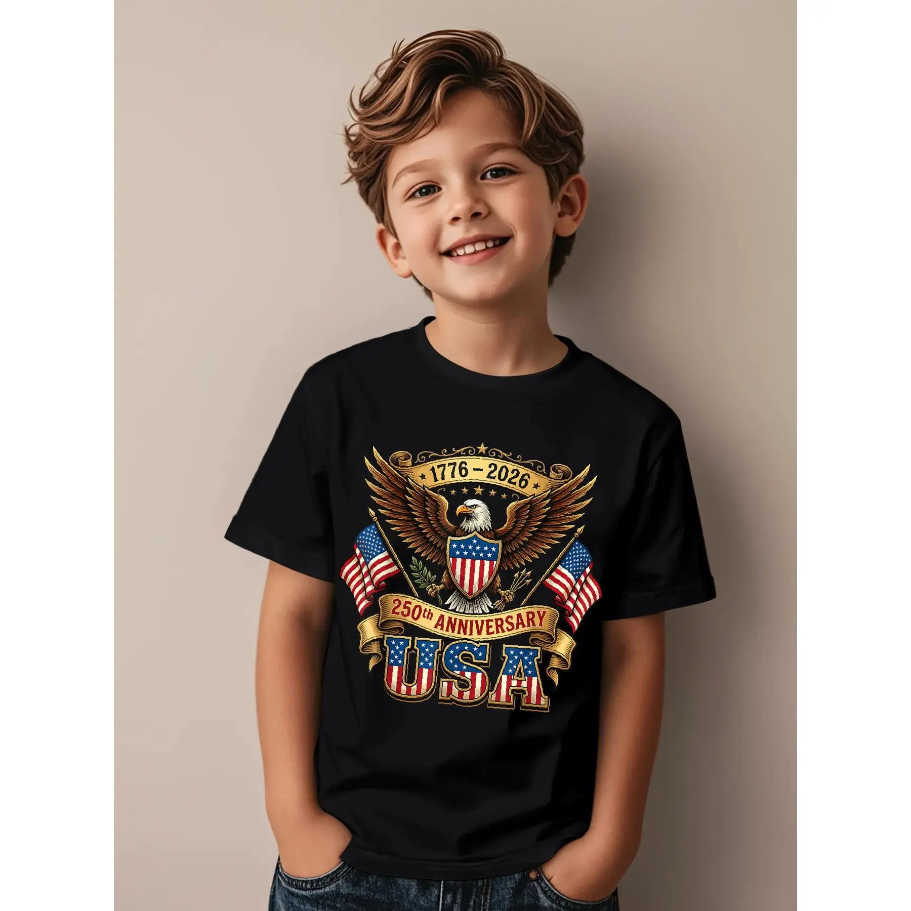 250th Anniversary USA Flag 250 Years American 4th of July Novelty Awesome Graphic Kid T-Shirt Casual Kid T Shirts Streetwear Tops Tees for Kid