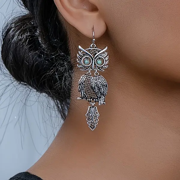 Female Alloy Metal Owl Animal Motif Dangling Drop Earrings, 1-Pair Bohemian Stylish Elegant Jewelry, Suitable for Casual Wear Daily Use Gift-Giving, Owl Shape, Pair Set