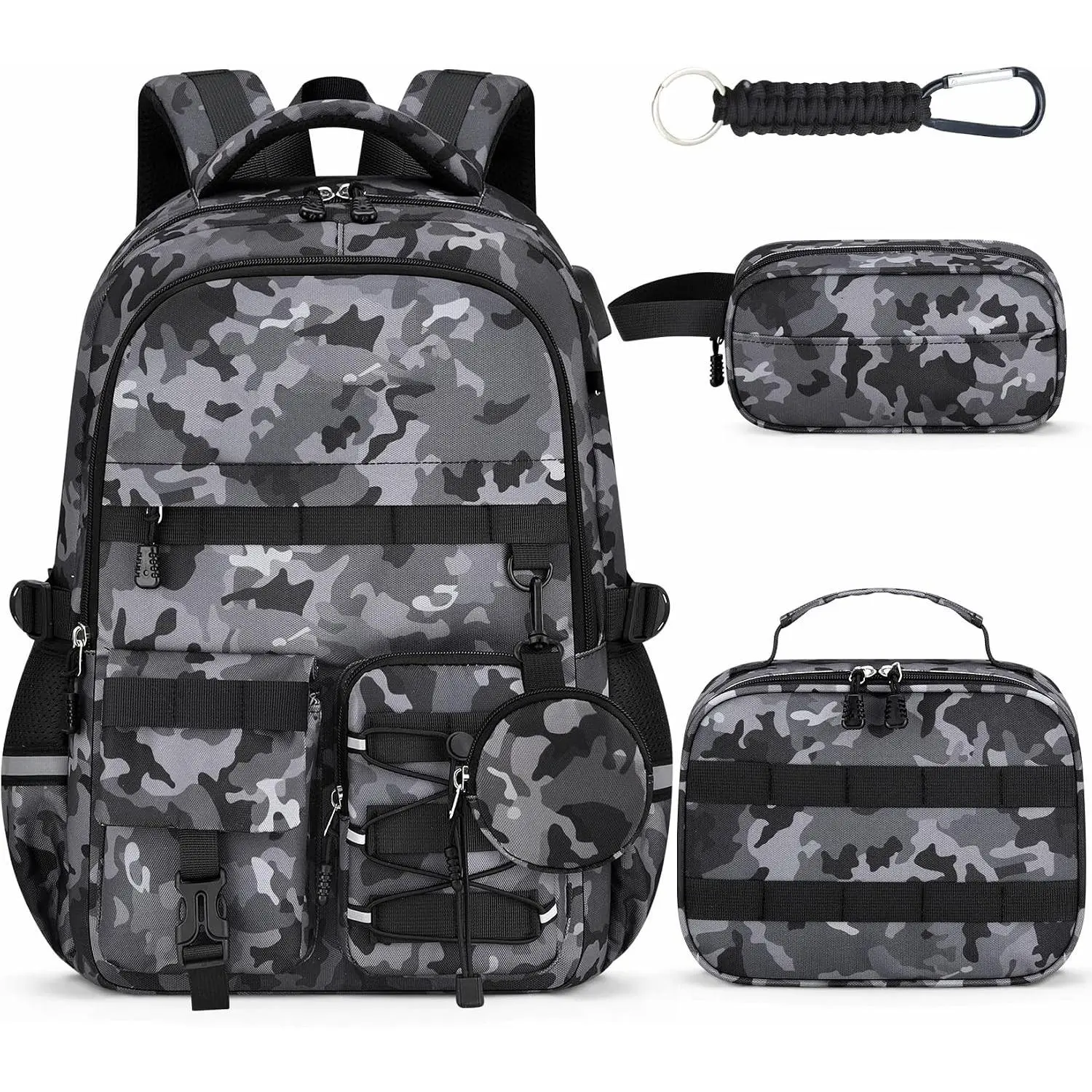 Camo Military Backpack for Boys, 5-Piece Nylon School Set with Lunch Box & USB Port, 18" Bag for Travel and Hiking Gear, Keychain, Lunch Bag, Coin Purse, Nylon Fabric, Backpacks For School, Camo Print, Christmas, Multi-Use Pack, Molle System, Military Loo