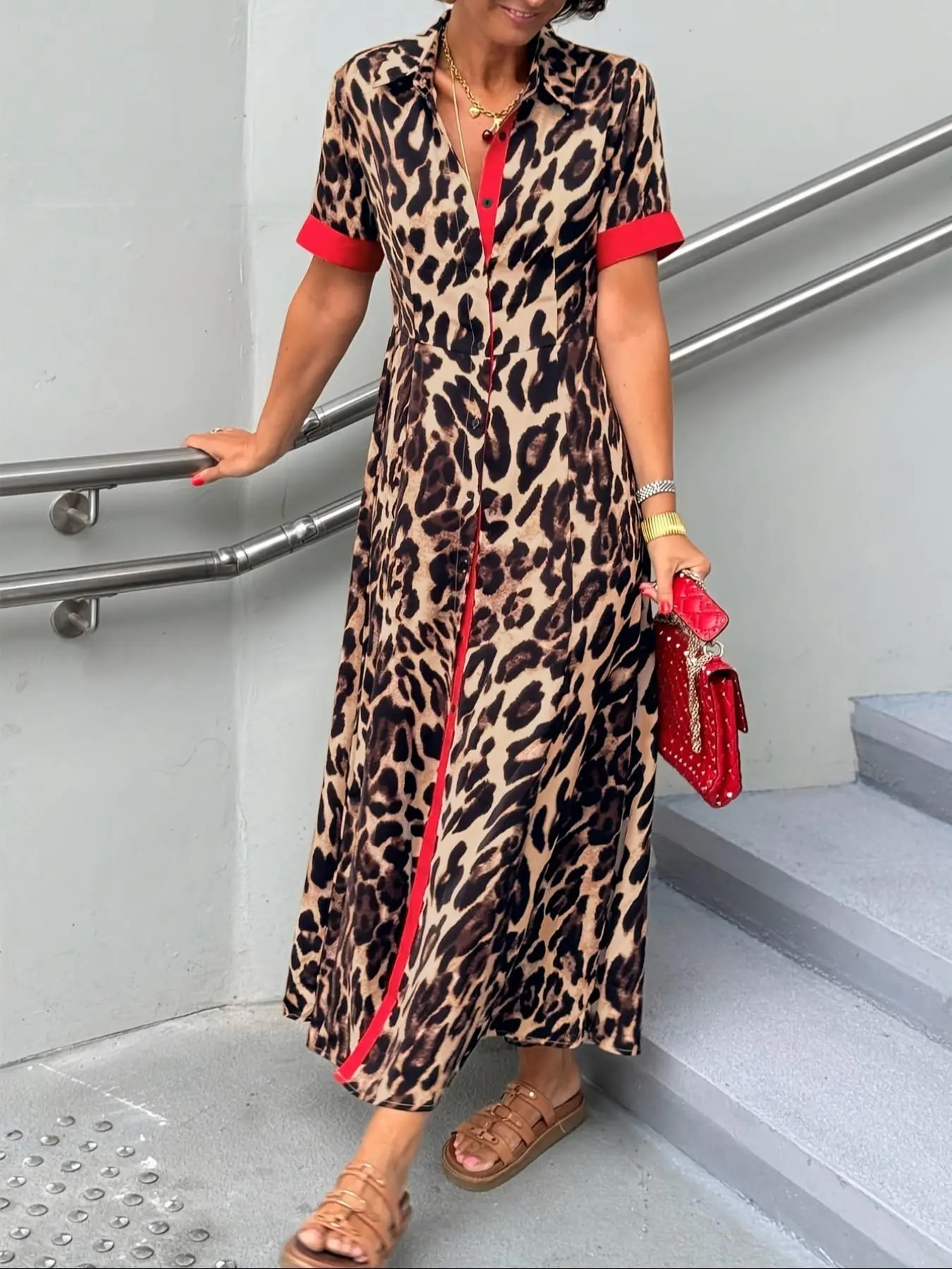 Women's Leopard Print Collared Button Front Dress, Elegant Fashion Casual Short Sleeve Dress for Daily Outdoor Wear, Women Dress for Summer