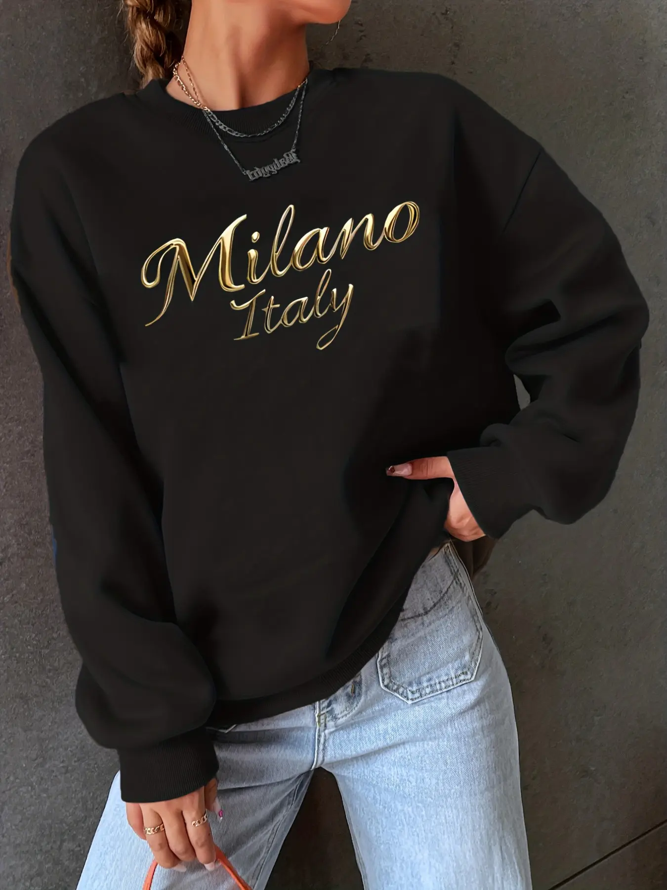 Milano Letter Print Pullover Sweatshirt, Casual Round Neck Women's Sweater, Fall Winter Fashion, Ladies Clothing