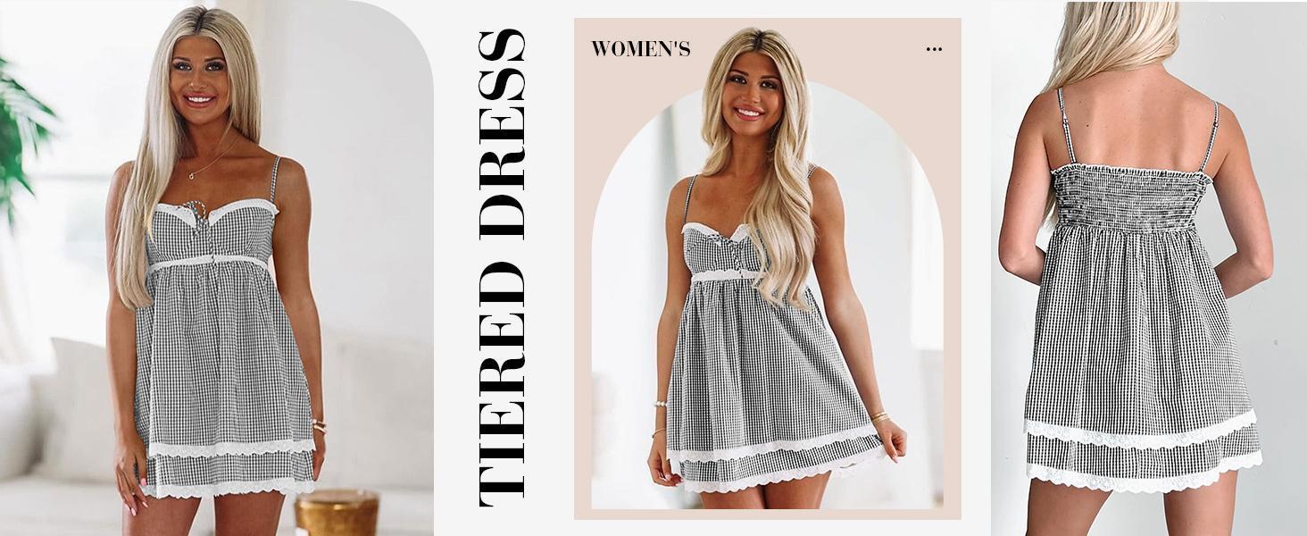 Imily Bela  Womens Cute Plaid A-line Summer Beach Dresses Spaghetti Straps Ruffle Hem Casual Mini Dress with Side Pocket