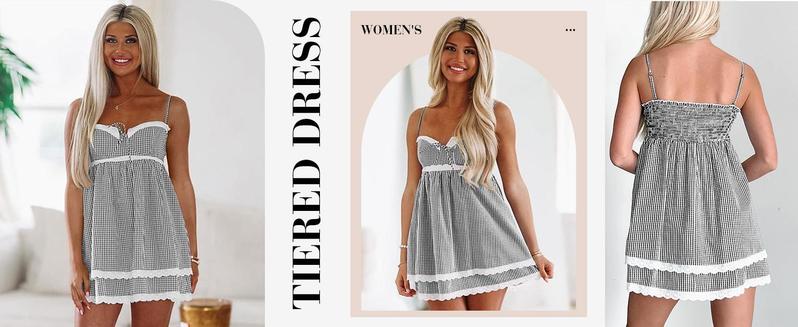 Imily Bela  Womens Cute Plaid A-line Summer Beach Dresses Spaghetti Straps Ruffle Hem Casual Mini Dress with Side Pocket