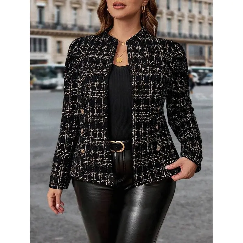Women's Extended Sizes Tweed Textured Coat, Jackets with Metal Buckle Decoration, Outerwear Coat Jacket for a Textured Look, Tweed Fabric, Lady