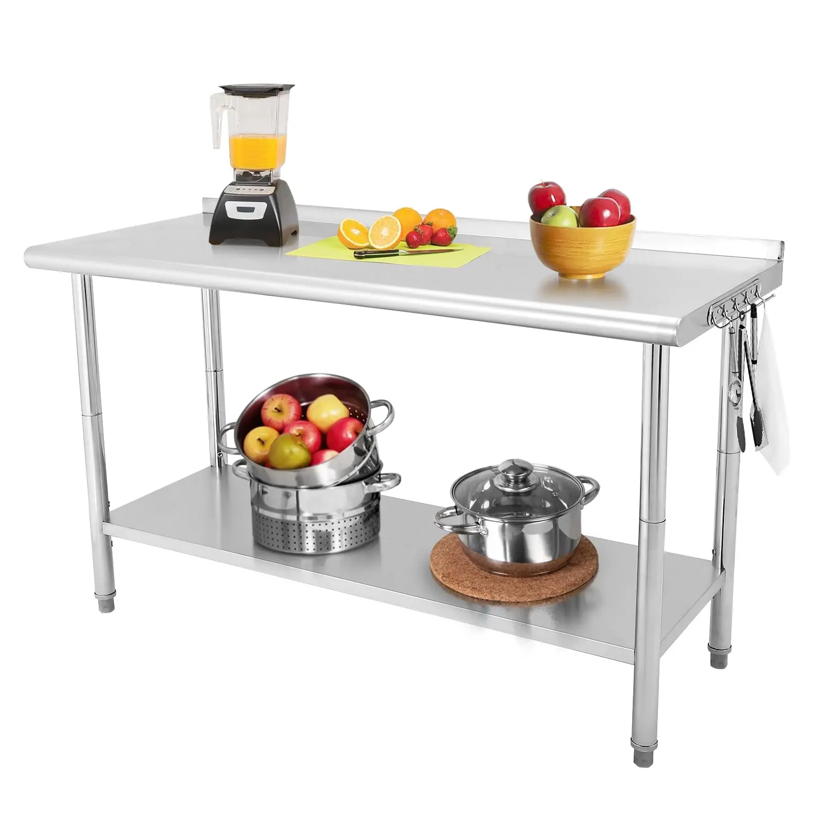 Garvee High-Quality NSF Stainless Steel Work Table 60" x 24" - Heavy Duty Commercial Prep Table with Adjustable Undershelf, 5 Hooks, Rear Baffle, Curved Edge Hook, Without Casters