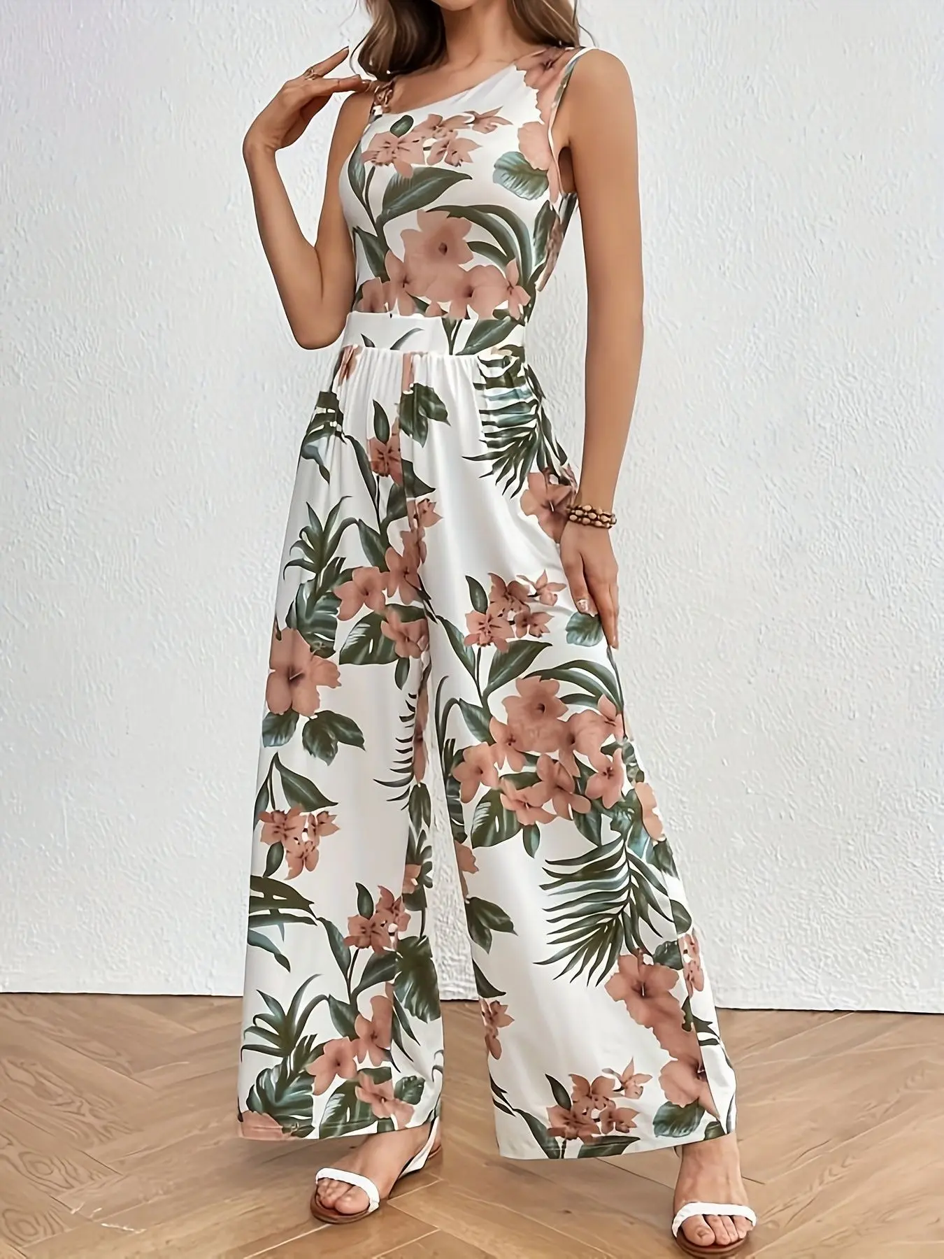 European Style Asymmetrical Neck One-Shoulder Floral Bodysuit, Tropical Plant Print Sleeveless Waist Cinch Bodysuit, Beach Travel High-Quality Women's Casual Bodysuit