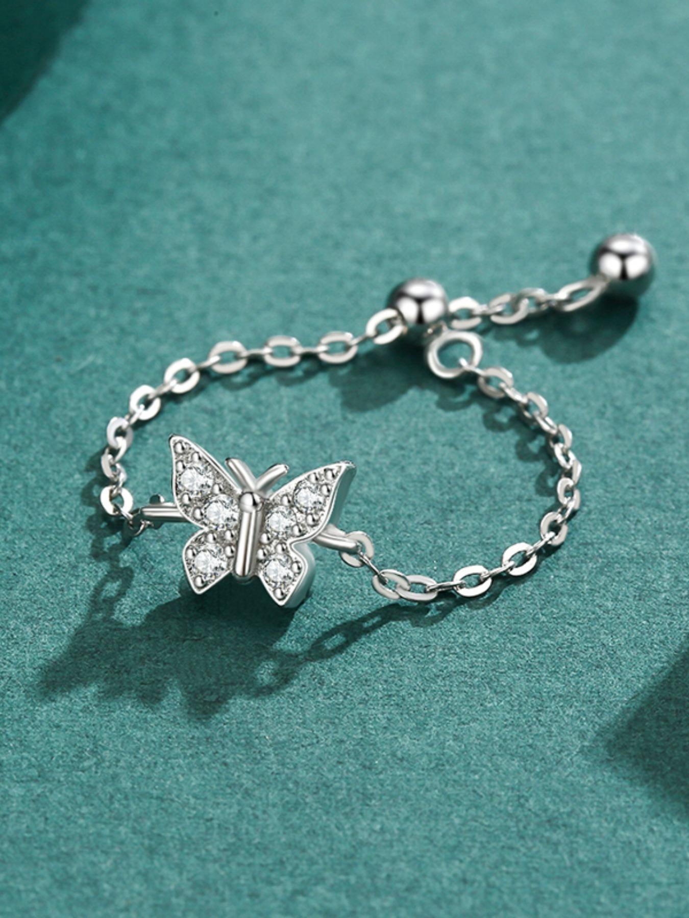 925 Sterling Silver Elegant Butterfly Design Adjustable Chain Finger Ring, Simple Design Jewelry for Women, Trendy All-match & Exquisite Jewelry for Birthday Gift
