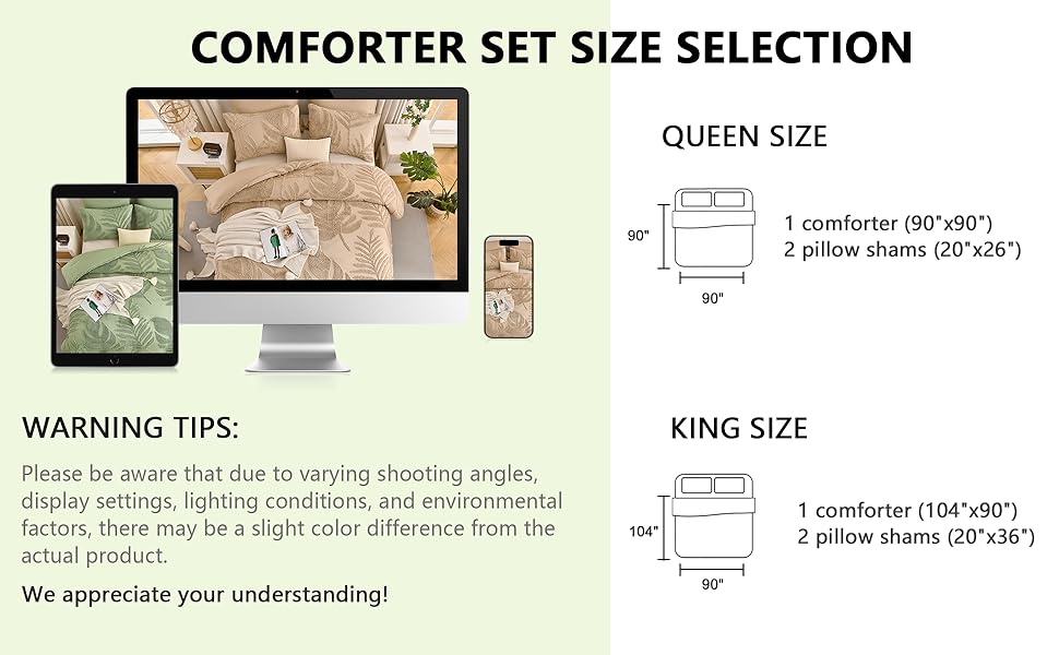 Khaki Queen Comforter Set,Boho Soft Warm Tufted Neutral Bed in a Bag,Lightweight All Bedding with Botanical Palm Leaf Pattern,3 Pieces (Comforter&2 Shams)