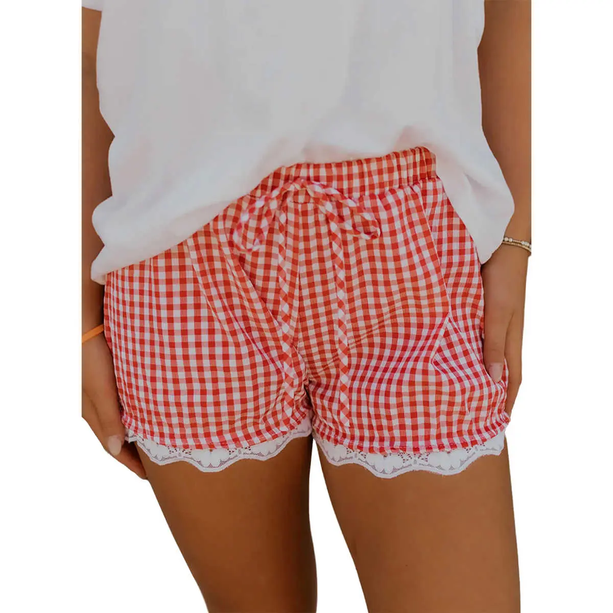 Women's Casual Gingham Shorts, Red Cotton Above-the-Knee Style with an Elastic Tie Waist and Lacy Hem, Bottom, Elegance, Plaid, Lace Hem, Fabric, Checkered Print, Cotton Blend, Front Tie, Tie Front