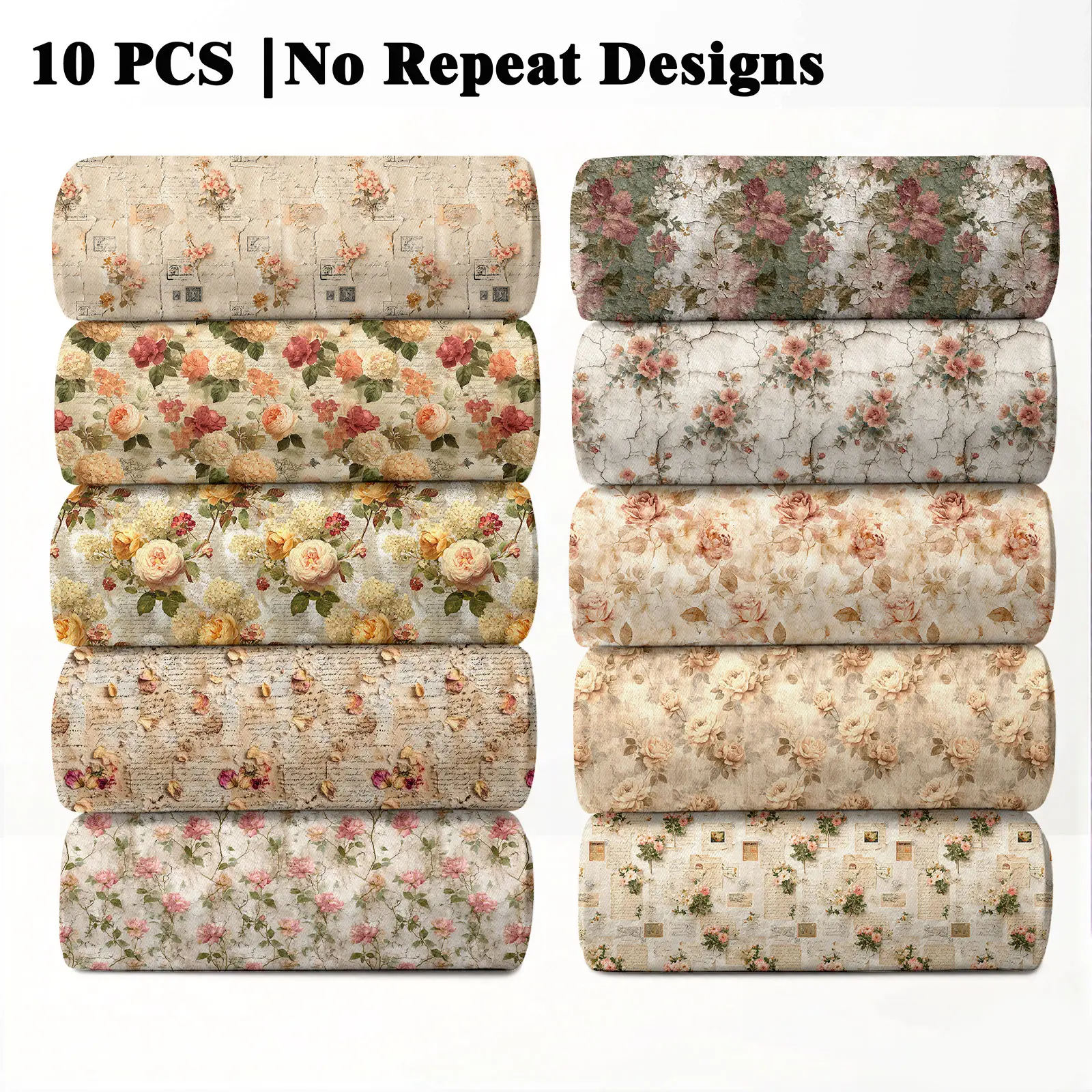 10PCS Vintage Floral Cottagecore Print Fabric, 23x55cm (9x22in) Classic Vintage Pastoral Pattern Quilting Home Decor DIY Floral Woven Fabric
