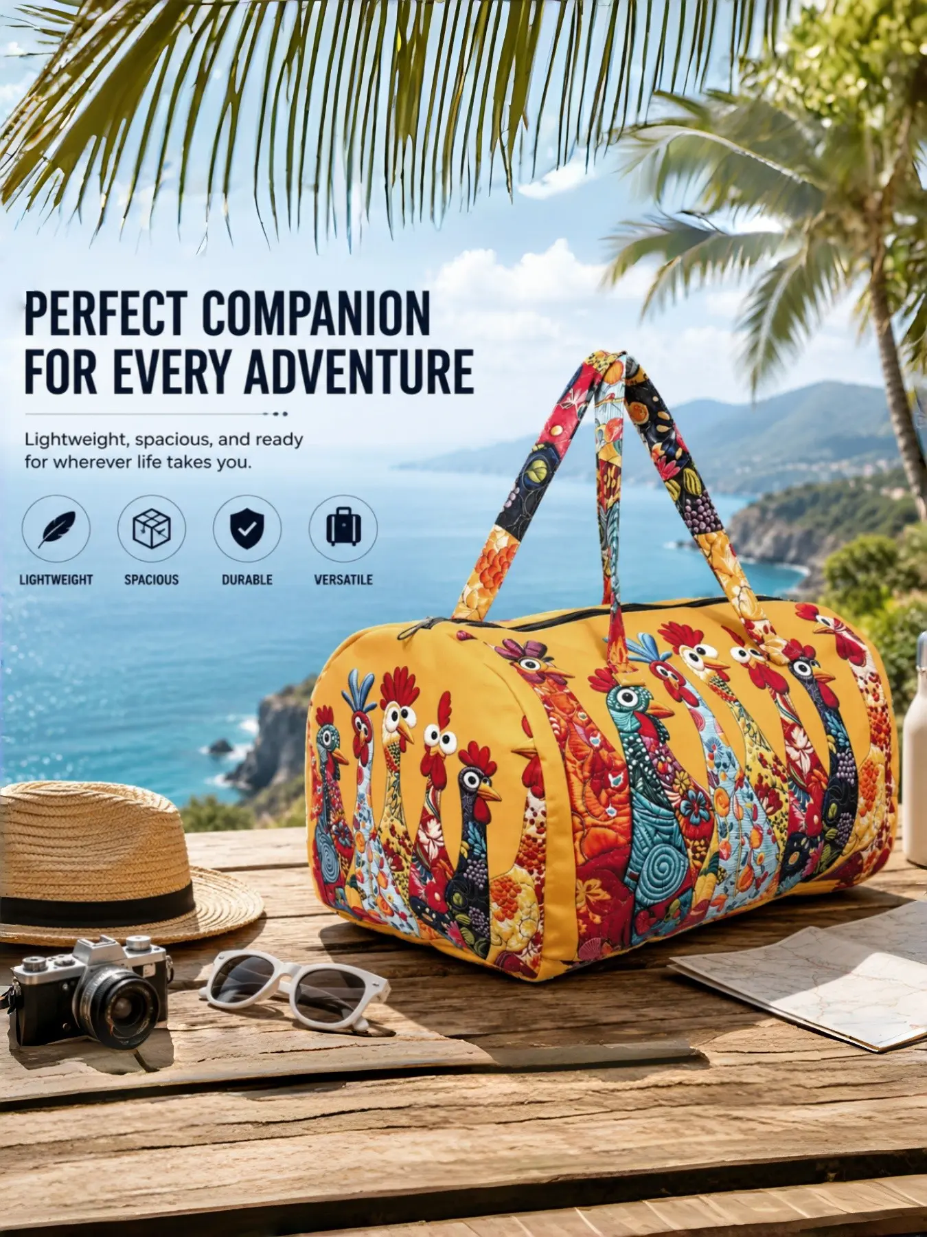 Vintage Boho Chicken Print Duffel Bag, Large Capacity Travel Backpack, Portable Fitness Weekender, All-Season Multi-Use Bag