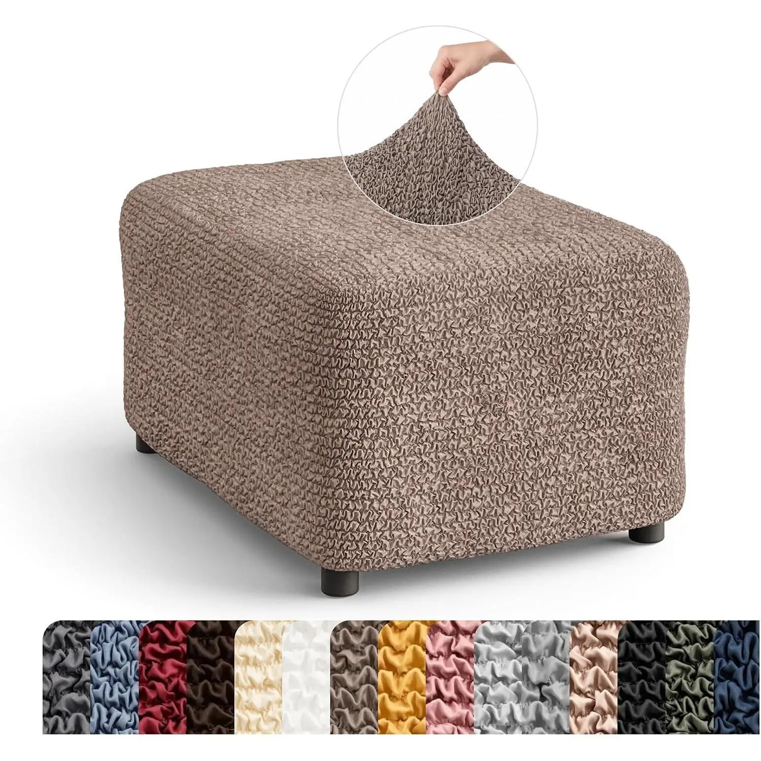 Stretch Ottoman Slipcover 1-Piece – Bi-Elastic Foot Stool Cover for Square or Rectangle Pouf – Furniture Protector Machine Washable – Soft Taupe (2. Medium)