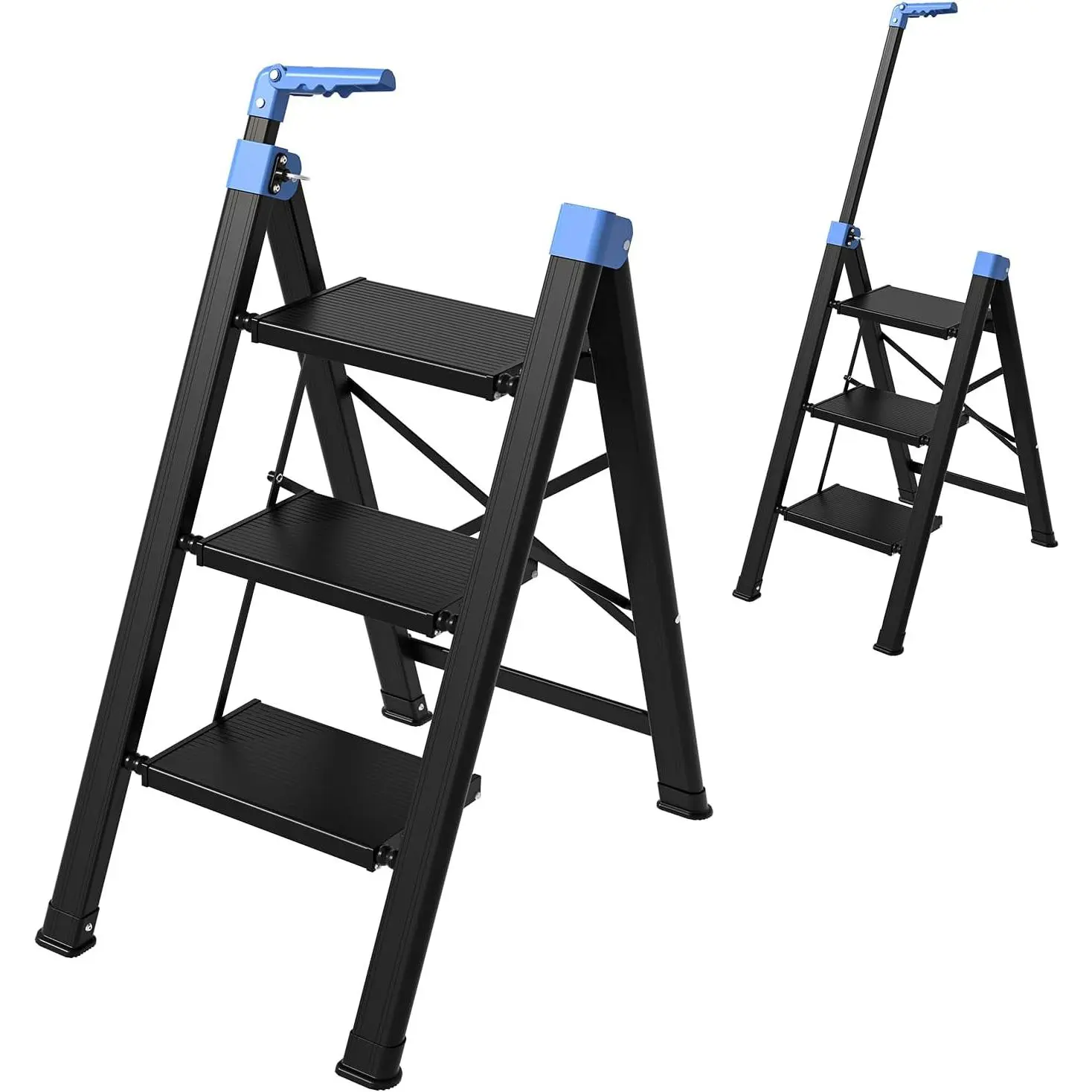 3 Step Ladder,Step Stool Foldable with Single-Handrail(Blue) | Step Ladder with Anti-Slip Pedals for  Kitchen Closet, Sturdy Material,600lbs Max Load Capacity