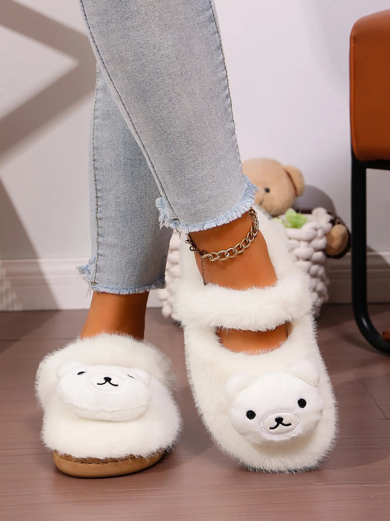 Cute Teddy Bear Decorative Plush Mary Jane Slippers, Soft Fur No Heel Slip-Ons, Women's Casual Home Shoes for Bedroom & Living Room