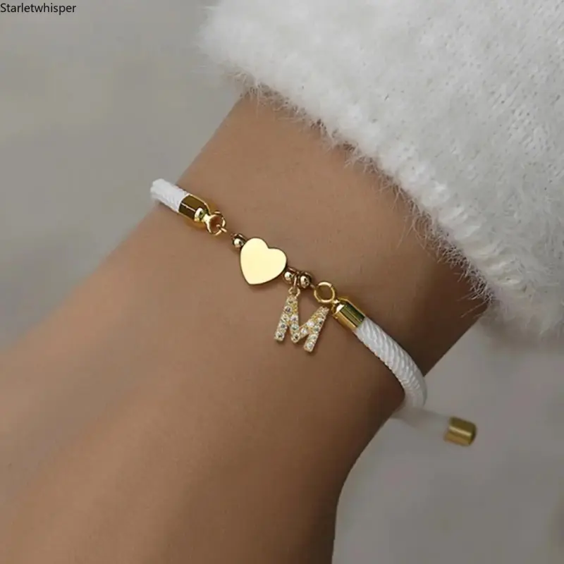Retro Adjustable Rope Bracelet, Heart Initial Letter Charm Wrist Jewelry, All‑Match Fashion Accessory for Women Daily Wear