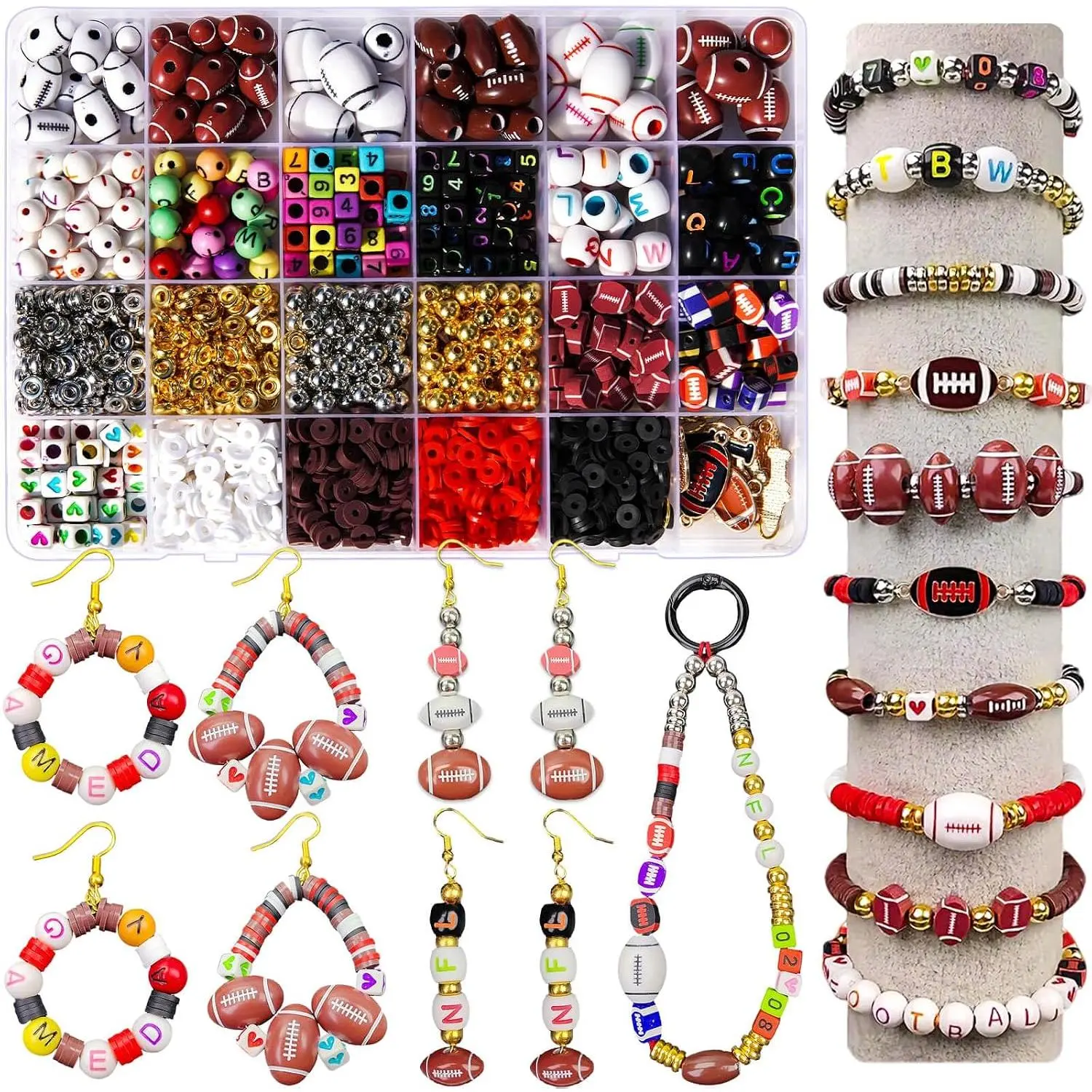 1800+PCS Football Beads  Making Kit –  & Polymer Clay  Charms, Heishi & Spacer Beads, Letter/Number Beads – DIY Football Bracelets, Necklaces, Keychains, Lanyards  Fan Crafts