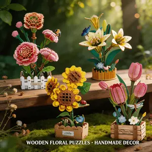 Wooden Flower Pot 3D Puzzle DIY Assembly Kit, No Glue Forever Floral Model with Fence Planter, Carnation Lily Sunflower Tulip Handmade Tabletop Decor, Stress Relief Craft Gift for Women Birthday Mother’s Day Valentine’s Day