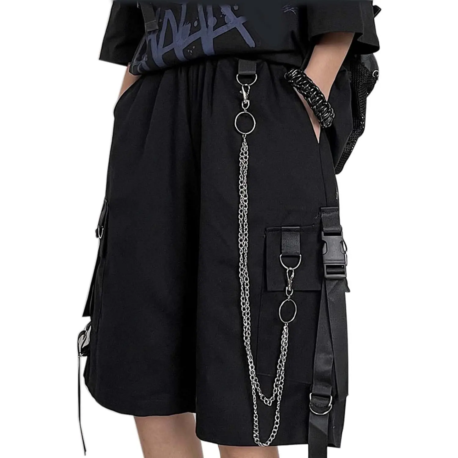 Women's Smooth Soft Baggy Wide-Leg Black Cargo Clothes - Chains Accent, Street Harajuku Style, Sexy Casual Light Shorts (Gift)