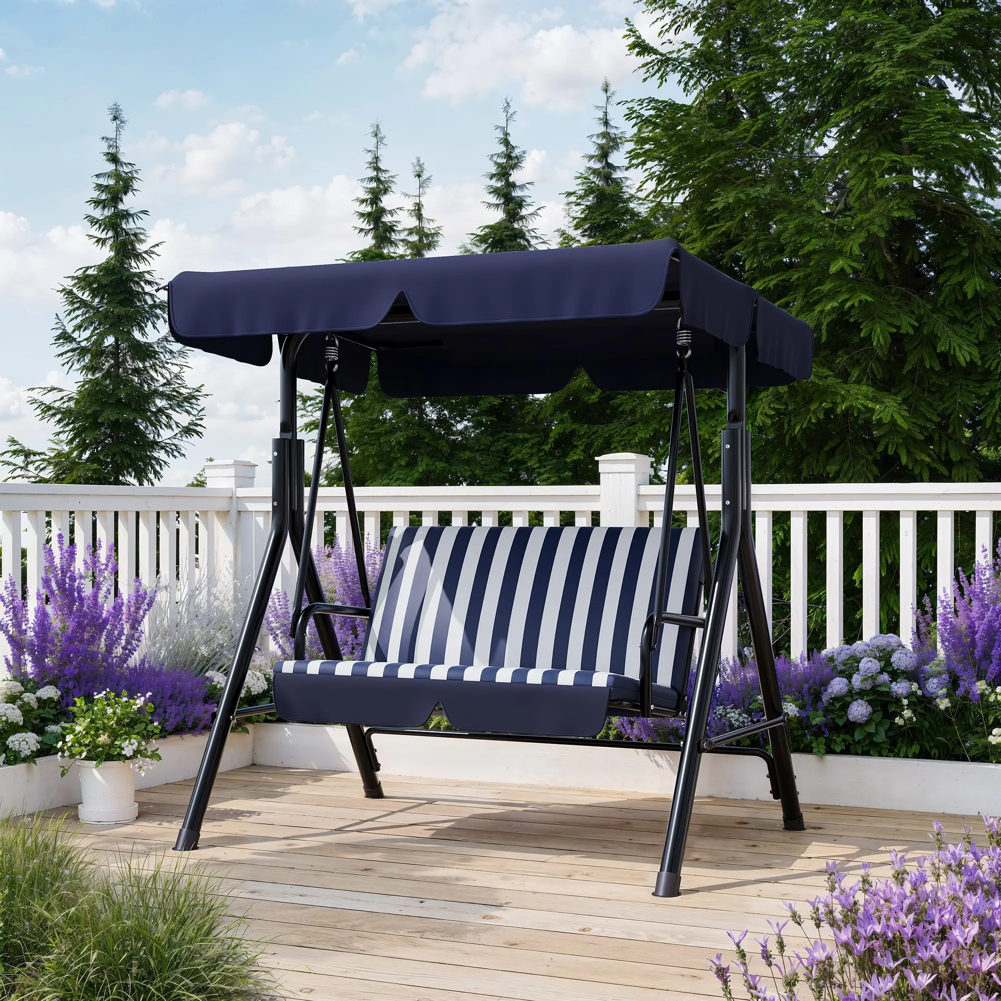 3-Person Thick Porch Swing with Canopy - Outdoor Patio Adult Swing Chair, Corrosion-Resistant Heavy-Duty Metal Frame, Adjustable Striped Fabric Decorative Canopy Valance, 400 lbs Capacity, 55.21"d x 43.31"w x 60.24"h, 44.09 lbs, for Backyards, Gardens