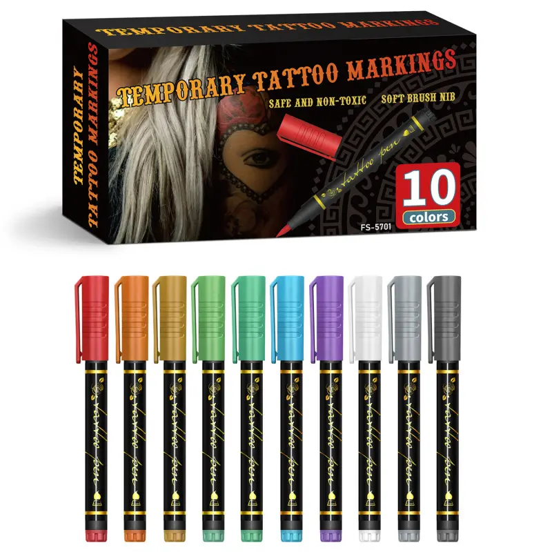 Temporary Tattoo Marker Pen Set, 10 Waterproof Body Paint Pens, Perfect for DIY Body Art and Painting, Basic Art Supplies for School Projects