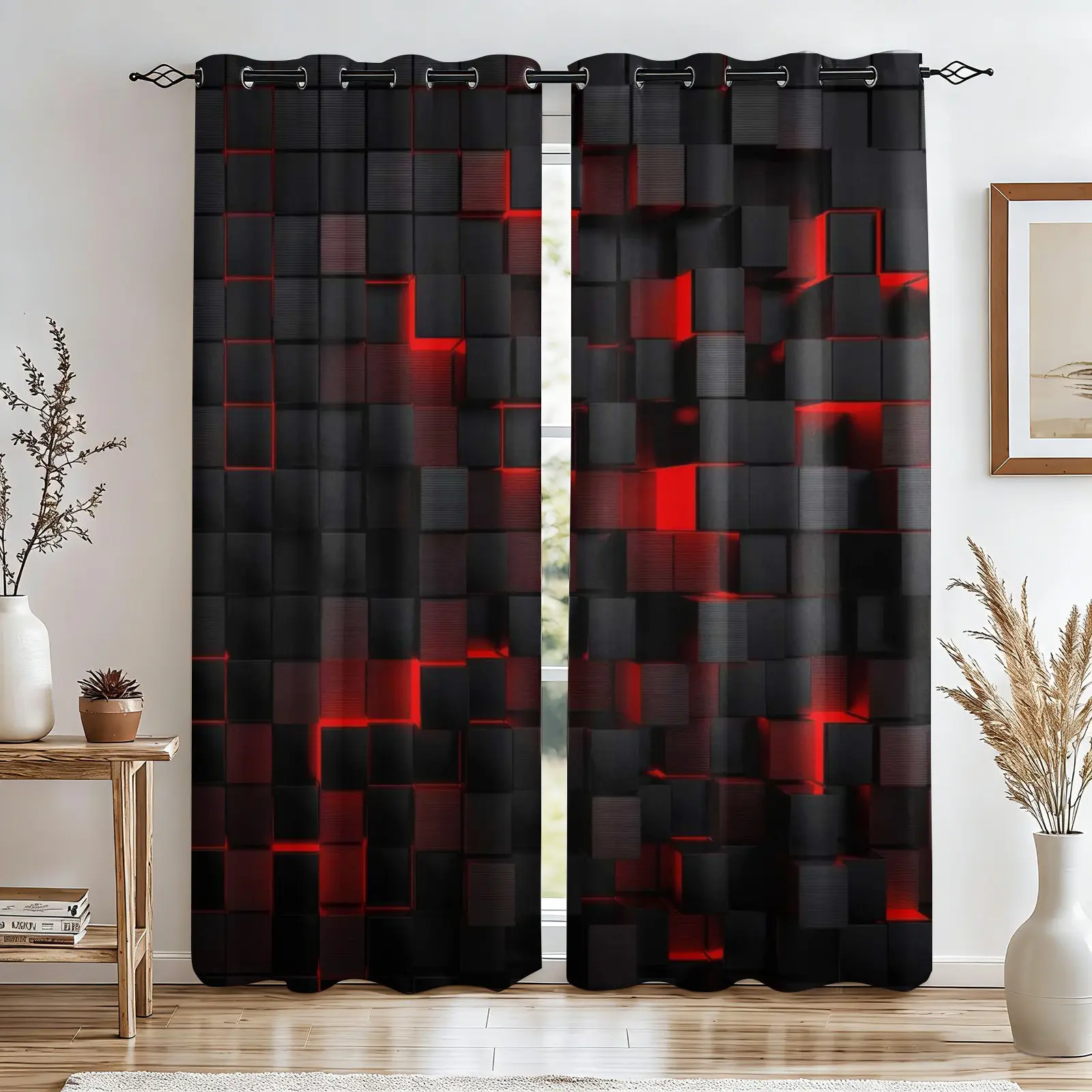 2 Panels Red Black 3D Geometric Cube Blackout Curtains, Modern Abstract Stereo Square Block Print Grommet Top Window Drapes, Thermal Insulated Machine Washable Light Blocking Curtains for Men Bedroom Gaming Room Living Room Industrial Home Decor