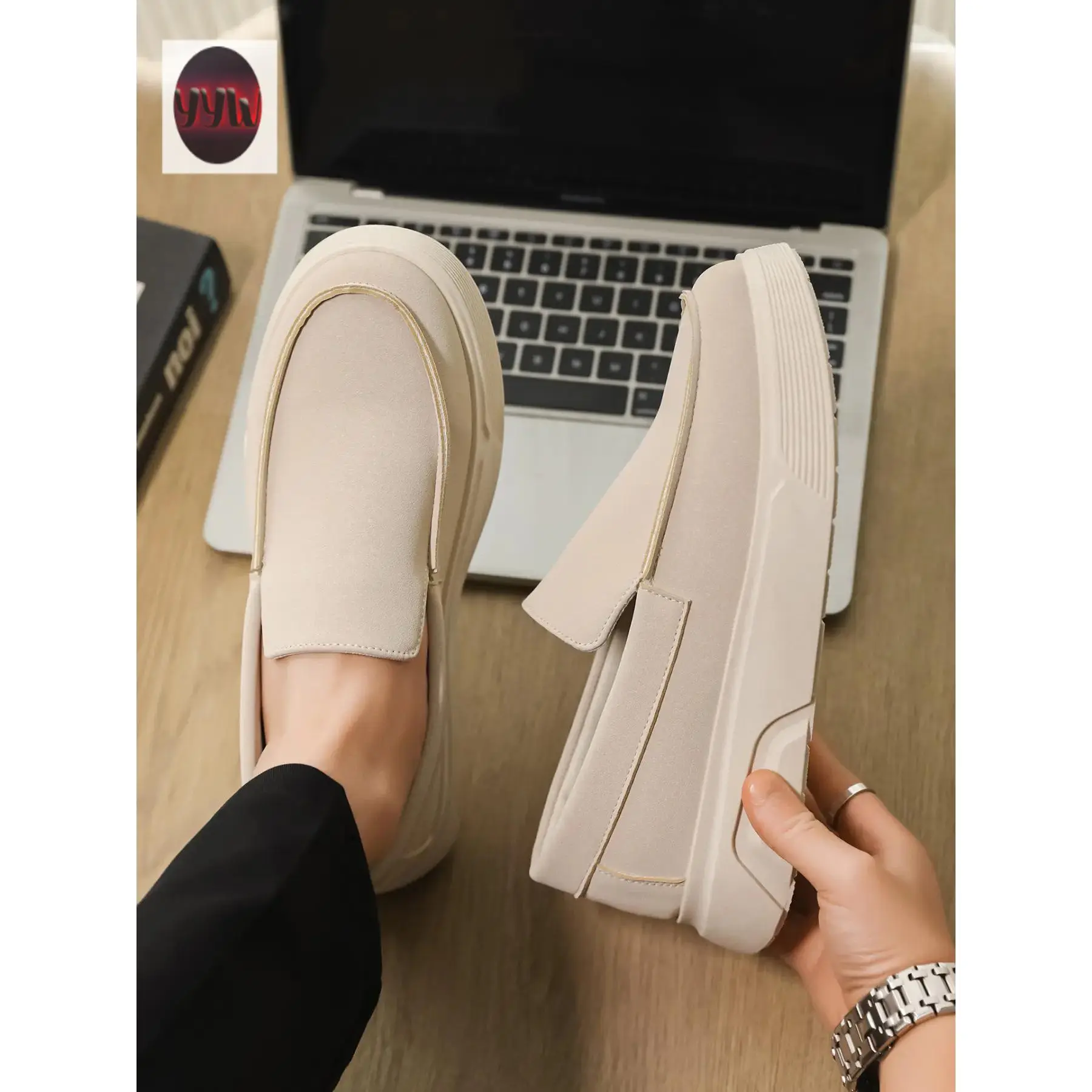 YYW1 Men's Round Toe Thick-Sole Flatform Loafers, PU Leather Mix Plain Look Male Shoes, Lightweight Height-Increasing Casual Wear Footwear for Daily Work & Walking