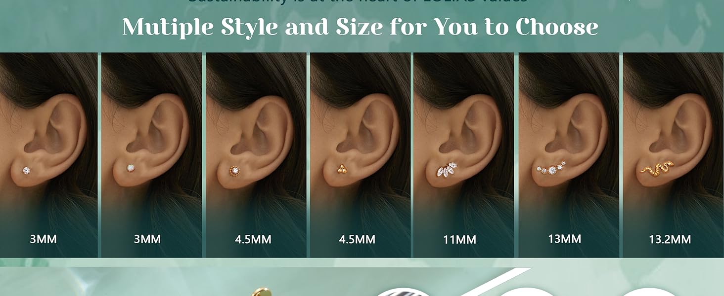 LOLIAS 16G G23 Titanium Tragus Conch Helix Piercing Jewelry 6mm 8mm 10mm - Internally Threaded Flat Back Stud Cartilage Earrings Hypoallergenic Forward Earlobe Monroe Labret Tragus Piercing Jewelry