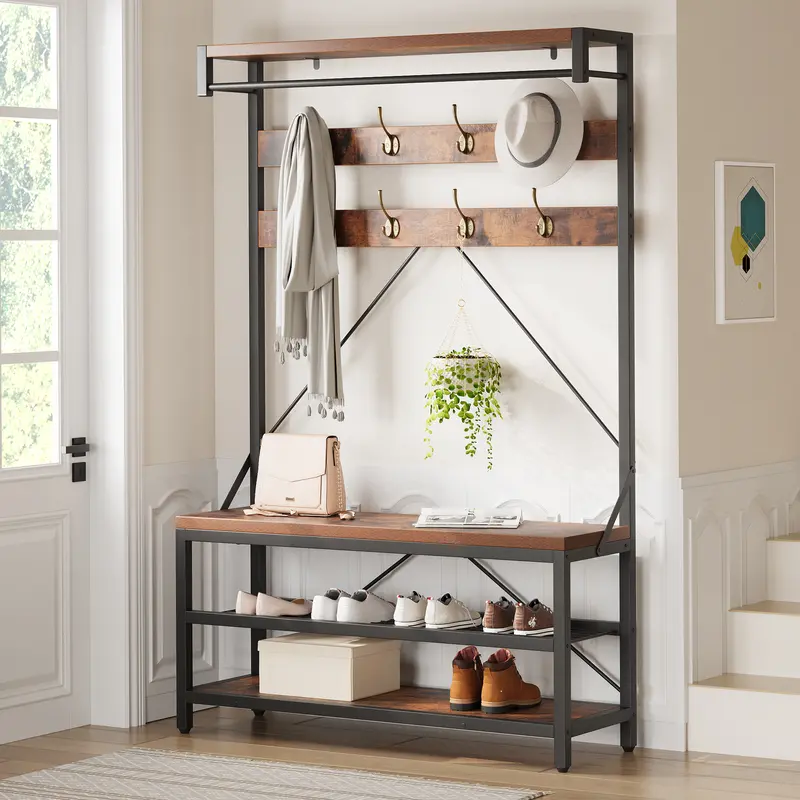 GARVEE Multifunctional Industrial Hall Tree Coat Rack - 2-Person Bench, 2-Tier Shoe Rack Organizer, 8 Hooks, Hanging Bar, Top Shelf, Rustic Punk Wood & Steel Frame Entryway Organizer for Hallway Mudroom (39.9"x15.7"x72")