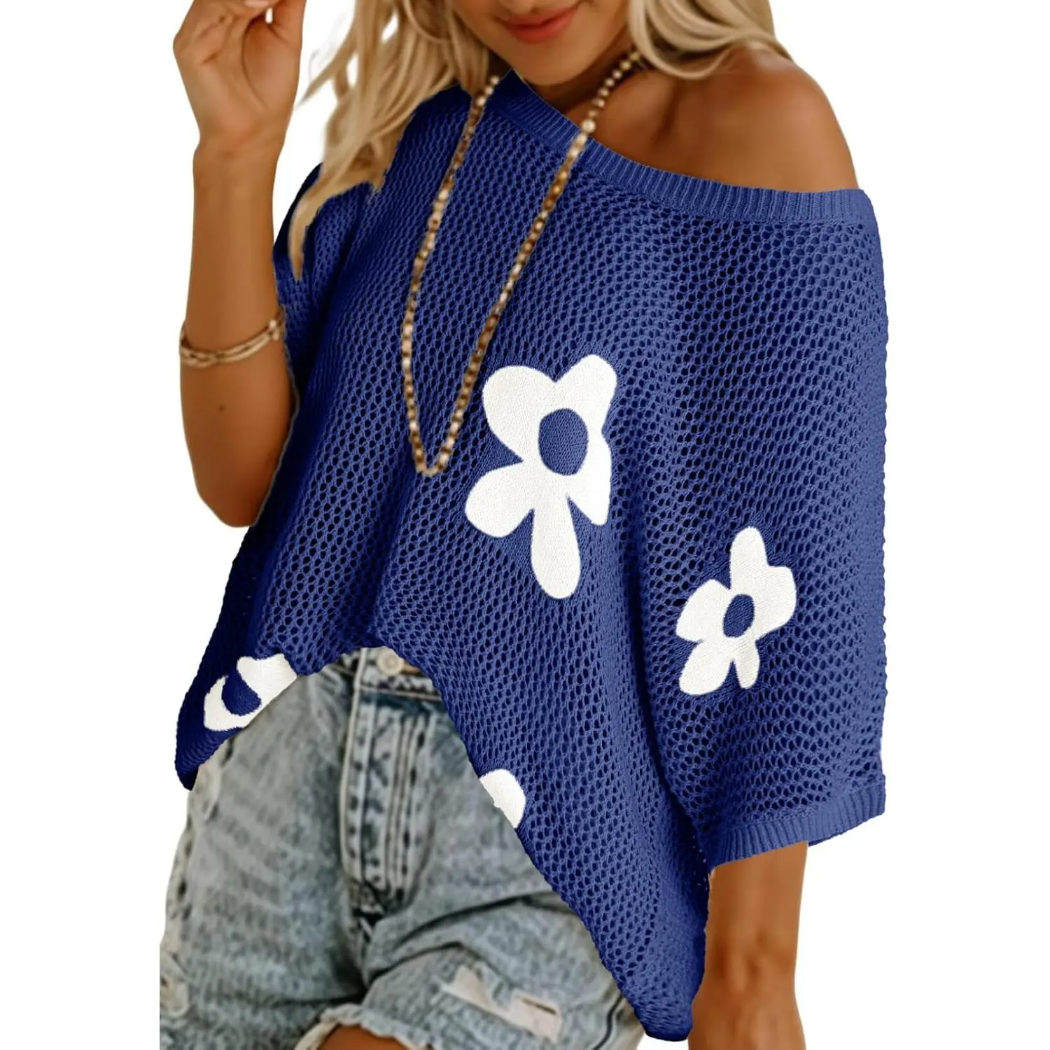 Women's Off-Shoulder Floral Print Loose Fit Knitwear Beachwear Cover Up - Multi-Size Hollow Mesh Casual Top for Summer Beach Sports, Swimwear Use
