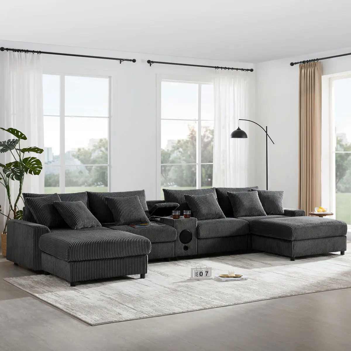 Aobtkel Video 141.5x64in Modern Corduroy U-Shaped Sectional Sofa with Bluetooth Speakers, Console, USB Charger, Cup Holders, Storage, Ottoman, Deep Seats for Living Room, Apartment WL