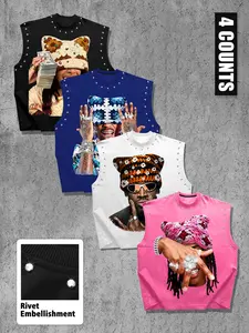 Men's Casual 4-Piece Tank Top Set, High Street Portrait Print, Regular Fit, Trendy and Comfortable, Perfect for Daily Wear