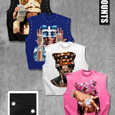 Men's Casual 4-Piece Vest Set, American Vintage Portrait Print, Graphic Print Vest, Round Neck Wide Shoulder, Comfortable Fabric, Regular Fit, Streetwear