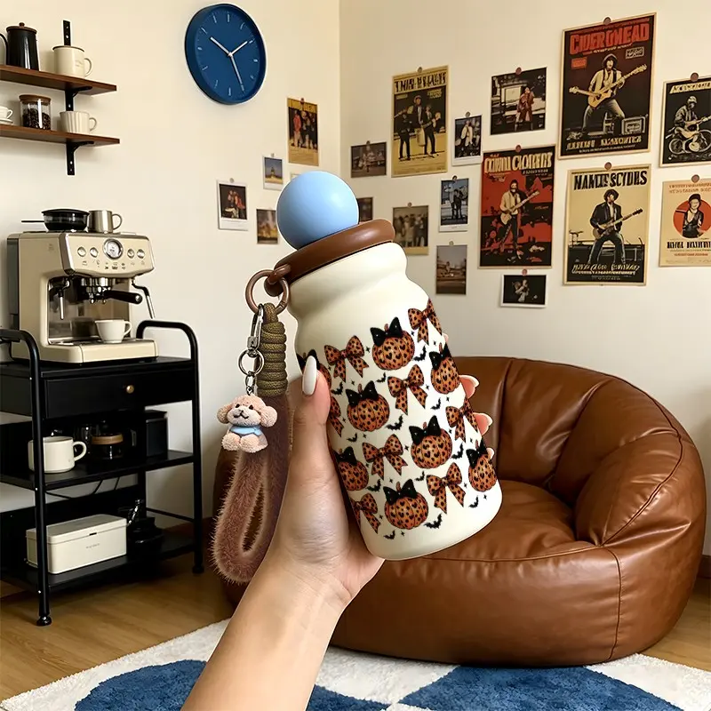500ML Insulated Tumbler with Plush Dog Strap and Straw, Stainless Steel, Leak-Proof, Portable, Perfect for Halloween Christmas Gifts