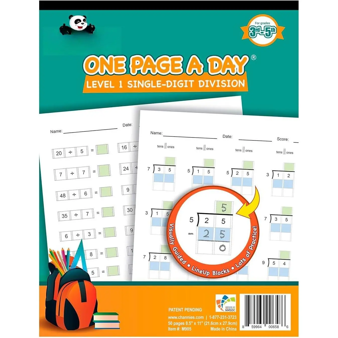 Channie’s  Page A Day Single Digit Level 1 Beginner Visual Division Workbooks for Easy Teaching & Learning Grade 3-5 Size 8.5” x 11” Summer School