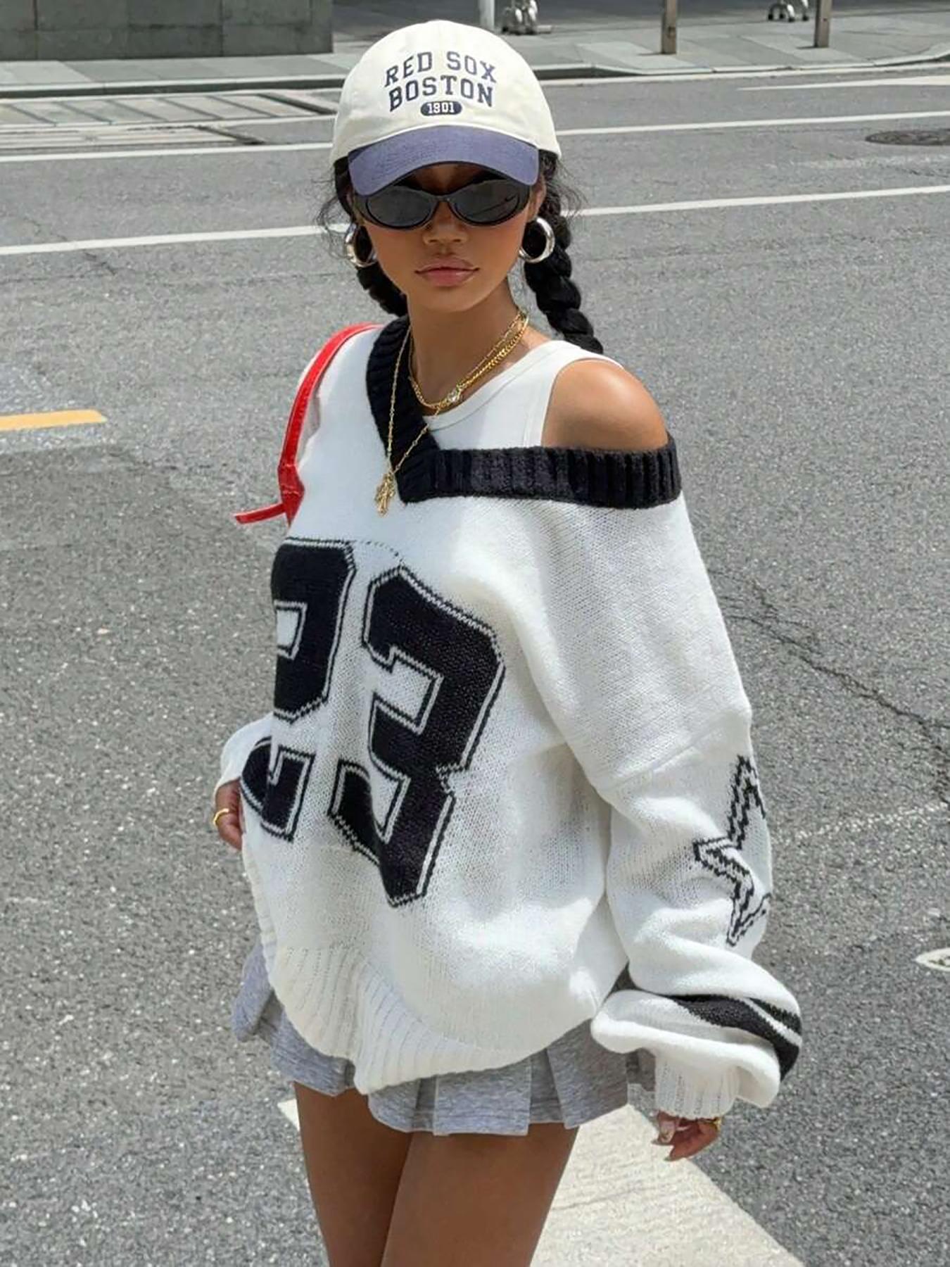 Women's Vintage Figure Print Knitted Sweater, Casual Long Sleeve Jumper for Fall & Winter, Fashion Ladies' Knitwear for Daily Wear, Tops