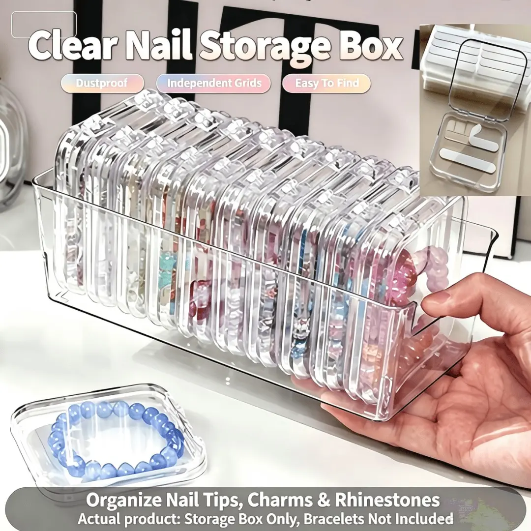 Large Clear Nail & Jewelry Storage Organizer Box, 10 Detachable Small Boxes, 20 Adhesive Strips, Multi-Grid Desktop Display Container, Transparent Organizer