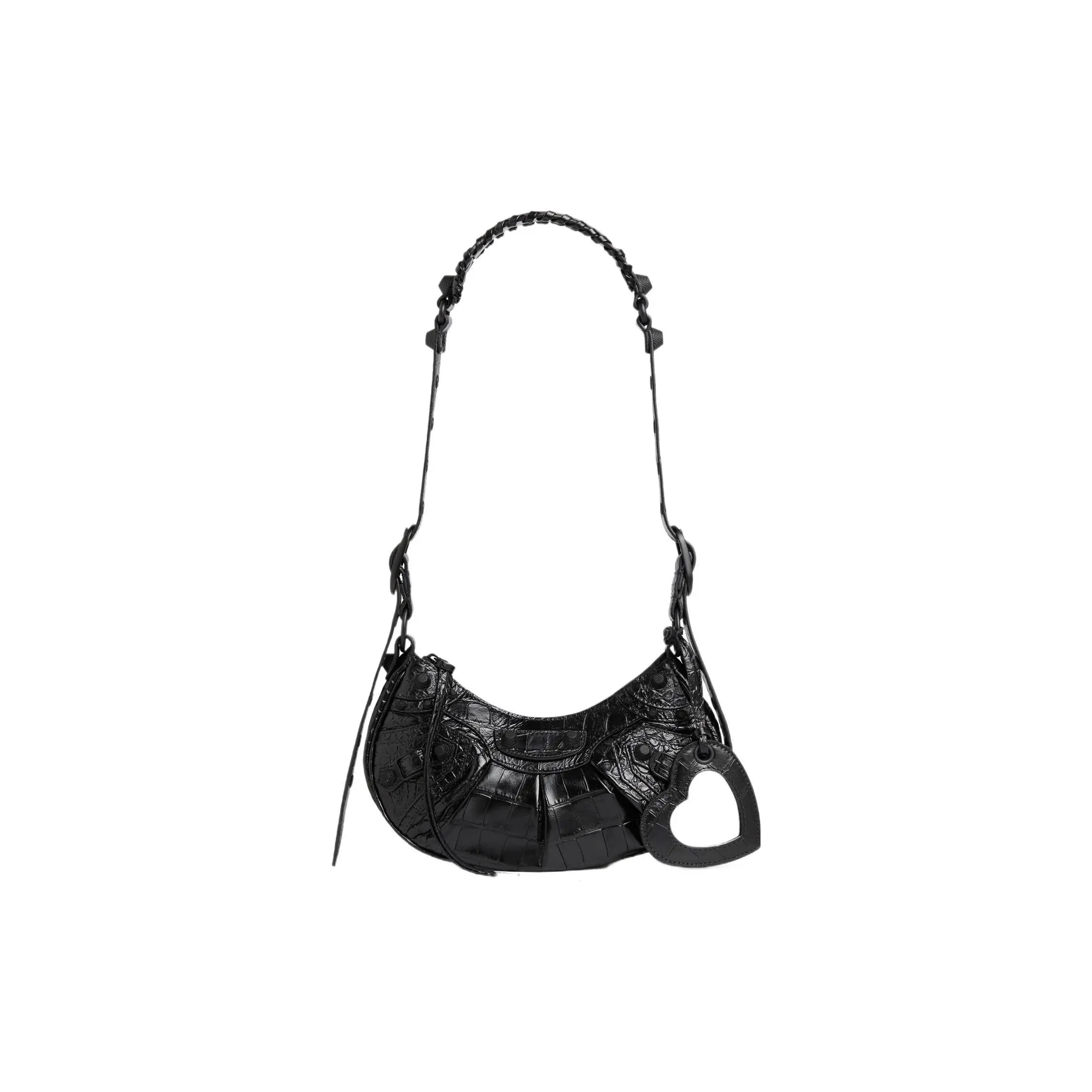 Balenciaga Le Cagole Mini Crossbody Bag for Women, Crocodile-Embossed Leather with Heart-Shaped Mirror and Silver Studs, Black